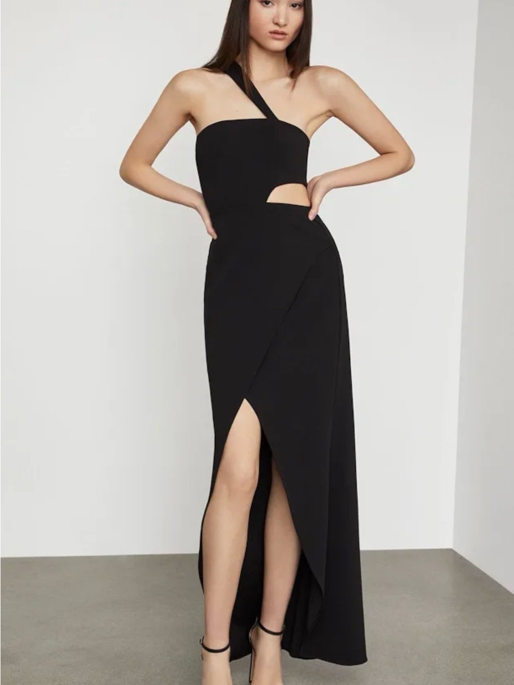 BCbG Maxazria Black One-Shoulder Cutout Evening Dress